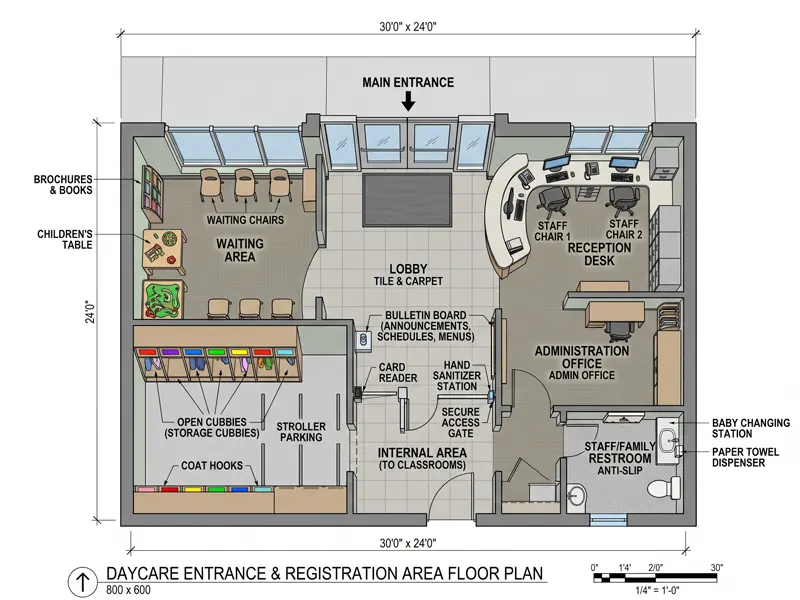 Daycare Floor Plan: Layout Ideas, Space Planning &Amp; Setup Tips 23 Daycare Entrance And Registration Area Floor Plan