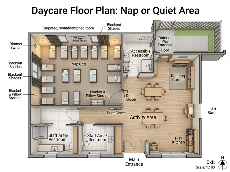 Daycare Floor Plan: Layout Ideas, Space Planning &Amp; Setup Tips 27 Daycare Floor Plan Nap Or Quiet Area