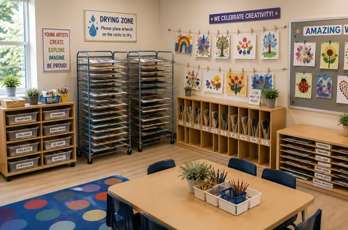 How To Set Up An Art Center In Preschools And Early Childhood Classrooms 7 Art Center Drying And Display Zone