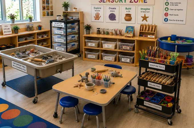 How To Set Up An Art Center In Preschools And Early Childhood Classrooms 6 Art Center Sculpting And Sensory Zone