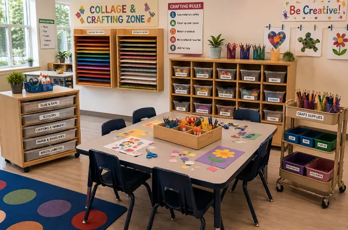How To Set Up An Art Center In Preschools And Early Childhood Classrooms 5 Collage And Crafting Zone