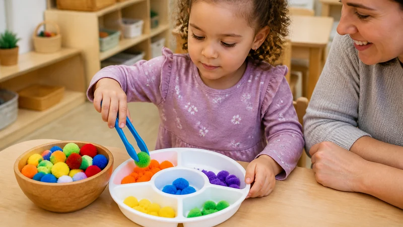 20 Fine Motor Activities For Preschoolers That Build Real Classroom Skills 3 Preschooler Transferring Colorful Pom-Poms Into A Sorting Tray With Child-Sized Tongs