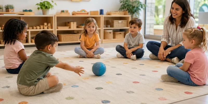 18 Circle Time Activities That Keep Preschoolers Engaged 3 Preschool Children Rolling A Soft Ball To Greet Classmates In A Circle