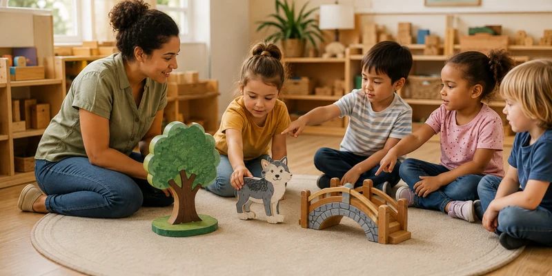 18 Circle Time Activities That Keep Preschoolers Engaged 5 Teacher And Preschool Children Sequencing Large Story Props On A Circle Time Rug