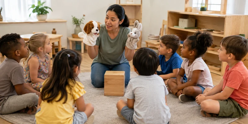 18 Circle Time Activities That Keep Preschoolers Engaged 6 Preschool Teacher Using Two Puppets To Discuss Sharing During Circle Time