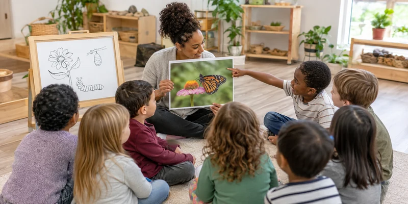 18 Circle Time Activities That Keep Preschoolers Engaged 7 Preschool Class Discussing A Large Nature Photograph During Circle Time