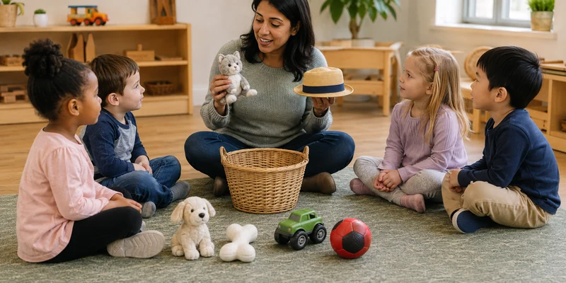 18 Circle Time Activities That Keep Preschoolers Engaged 8 Teacher Showing Preschool Children Rhyming Object Pairs From A Basket