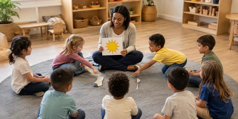 18 Circle Time Activities That Keep Preschoolers Engaged 9 Preschool Children Finding Classroom Objects That Begin With The Same Sound