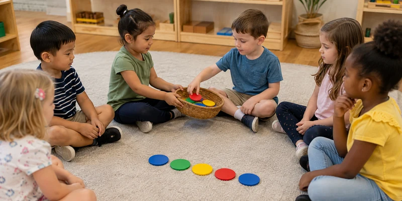 18 Circle Time Activities That Keep Preschoolers Engaged 10 Preschool Children Passing A Basket Of Large Counters Around A Circle