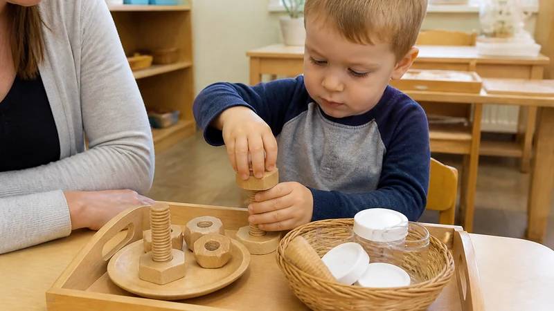20 Fine Motor Activities For Preschoolers That Build Real Classroom Skills 12 Preschooler Turning Large Wooden Nuts, Bolts And Screw-Top Lids