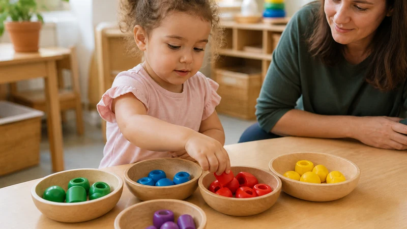 20 Fine Motor Activities For Preschoolers That Build Real Classroom Skills 14 Preschooler Sorting Colorful Loose Parts Into Shallow Bowls By Color