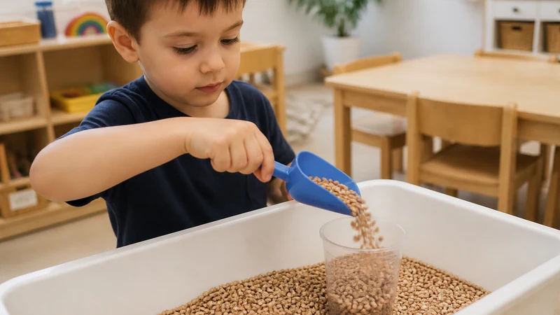 20 Fine Motor Activities For Preschoolers That Build Real Classroom Skills 15 Preschooler Scooping And Pouring Dry Sensory Material Into A Clear Cup