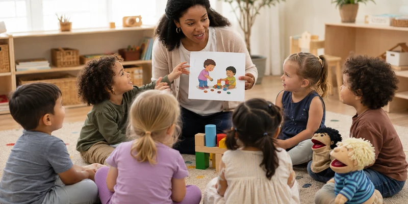 18 Circle Time Activities That Keep Preschoolers Engaged 15 Preschool Teacher Showing A Kindness Scenario Card To Children In A Circle