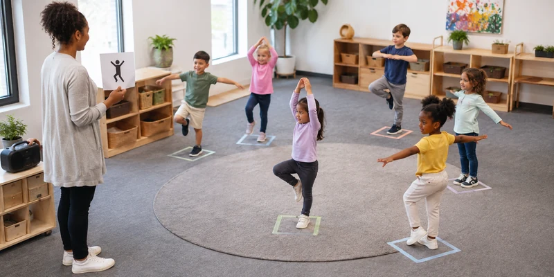 18 Circle Time Activities That Keep Preschoolers Engaged 16 Preschool Children Freezing In Simple Poses During A Circle Time Movement Game