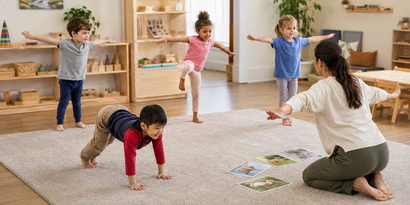 18 Circle Time Activities That Keep Preschoolers Engaged 17 Preschool Children Imitating Animal Movements Together On A Classroom Rug
