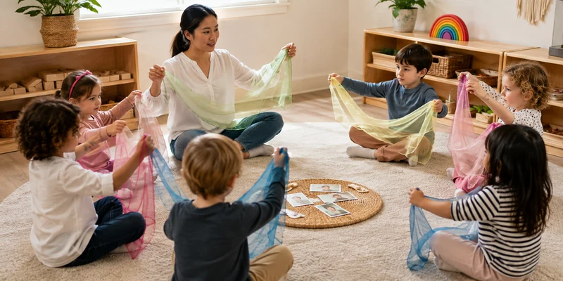 18 Circle Time Activities That Keep Preschoolers Engaged 18 Preschool Teacher And Children Slowly Raising Scarves During A Calm Breathing Routine