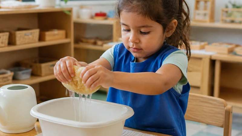 20 Fine Motor Activities For Preschoolers That Build Real Classroom Skills 20 Preschooler Squeezing Water From A Soft Sponge Into A Small Classroom Basin
