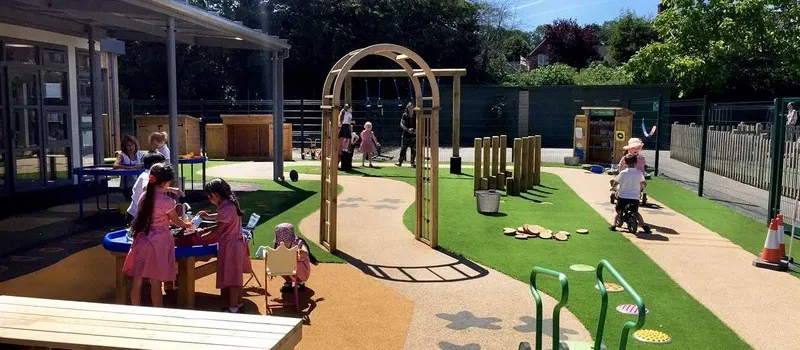 What Are Daycare Space Requirements Per Child? 3 Children Are Playing In Outdoor Setup And Caregivers Are Assisting