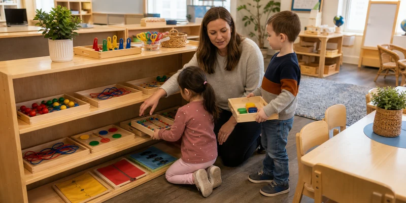 20 Fine Motor Activities For Preschoolers That Build Real Classroom Skills 22 Teacher Helping Preschoolers Choose Fine Motor Activity Trays From A Low Classroom Shelf