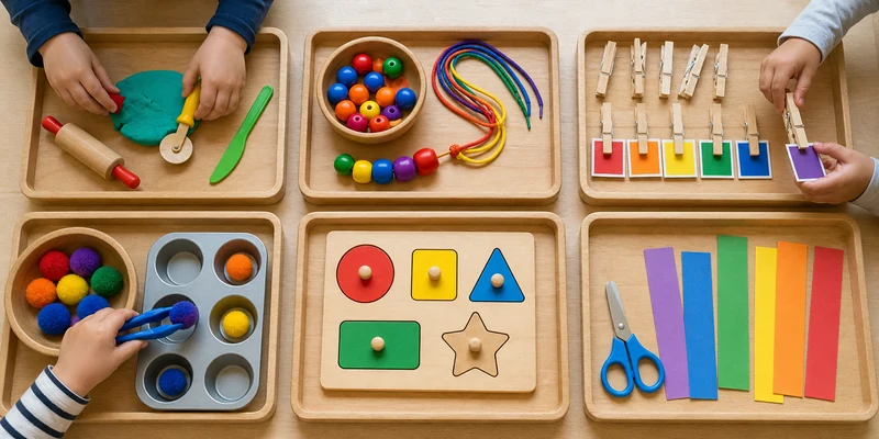 20 Fine Motor Activities For Preschoolers That Build Real Classroom Skills 1 Fine Motor Activity Trays With Play Dough, Beads, Clothespins, Tongs, Puzzle Pieces And Scissors