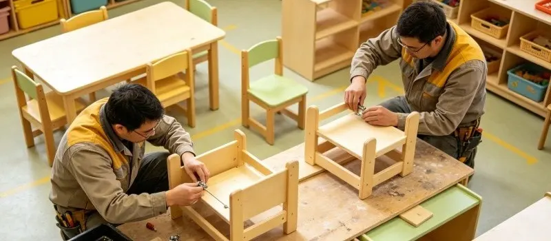 How Long Does Daycare Furniture Last? A Durability Guide 6 2 Professionals Constructing Chairs And Attaching Bolts