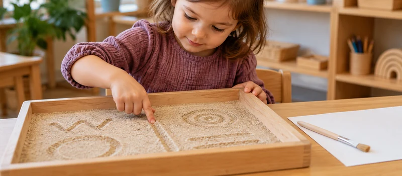 How Can Preschool Classrooms Build Handwriting Motor Skills? 3 Preschool Child Practicing Pre-Writing Marks In A Sand Tray