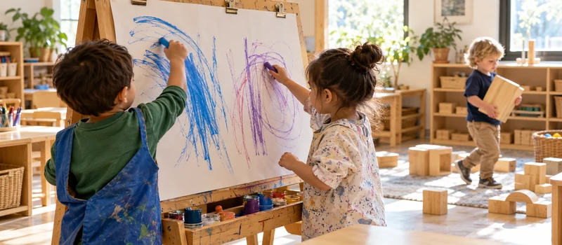 How Can Preschool Classrooms Build Handwriting Motor Skills? 2 Preschool Children Making Large Marks At A Vertical Easel