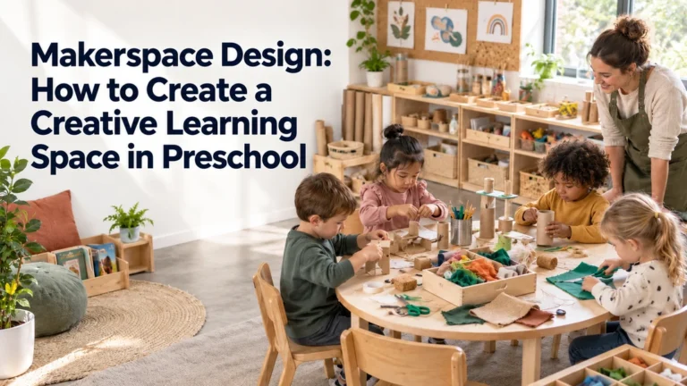 Preschool makerspace design with large clear title and children creating at a work table