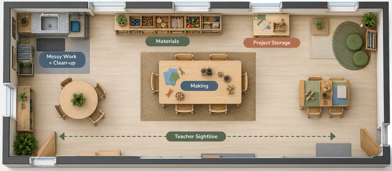 Makerspace Design: How To Create A Creative Learning Space In Preschool 1 Top-Down Preschool Makerspace Layout Showing Making, Materials, Messy Work, Project Storage, And Teacher Sightline