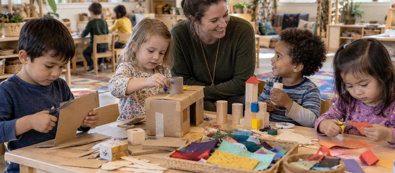 What Is A Makerspace? Understanding Making In Preschool 1 Preschool Children Making With Cardboard And Loose Parts While A Teacher Observes